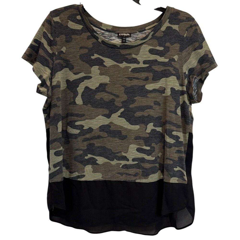 Express Women’s Size L Top Camouflage & Black Semi-Sheer Short Sleeve Shirt - Picture 6 of 7